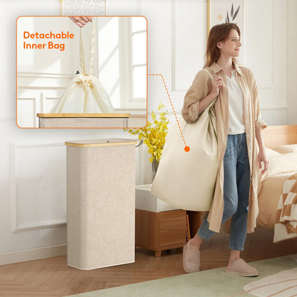 Lifewit 65L Slim Laundry Basket, Laundry Hamper with Lid, Narrow Laundry Bin with Removable Bag & Bamboo Handles, Foldable Thin Dirty Clothes Hamper for Laundry Centres Bathroom Bedroom Dorm, Beige