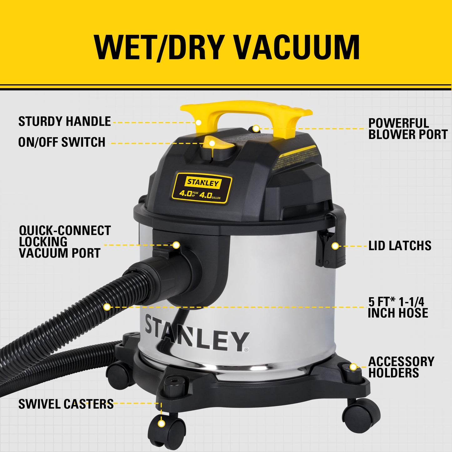 Stanley 4 Gallon Wet Dry Vacuum, 4 Peak HP Stainless Steel 3 in 1 Shop Vacuum Blower with Powerful Suction, for Job Site, Garage, Basement, Model: SL18301-4B