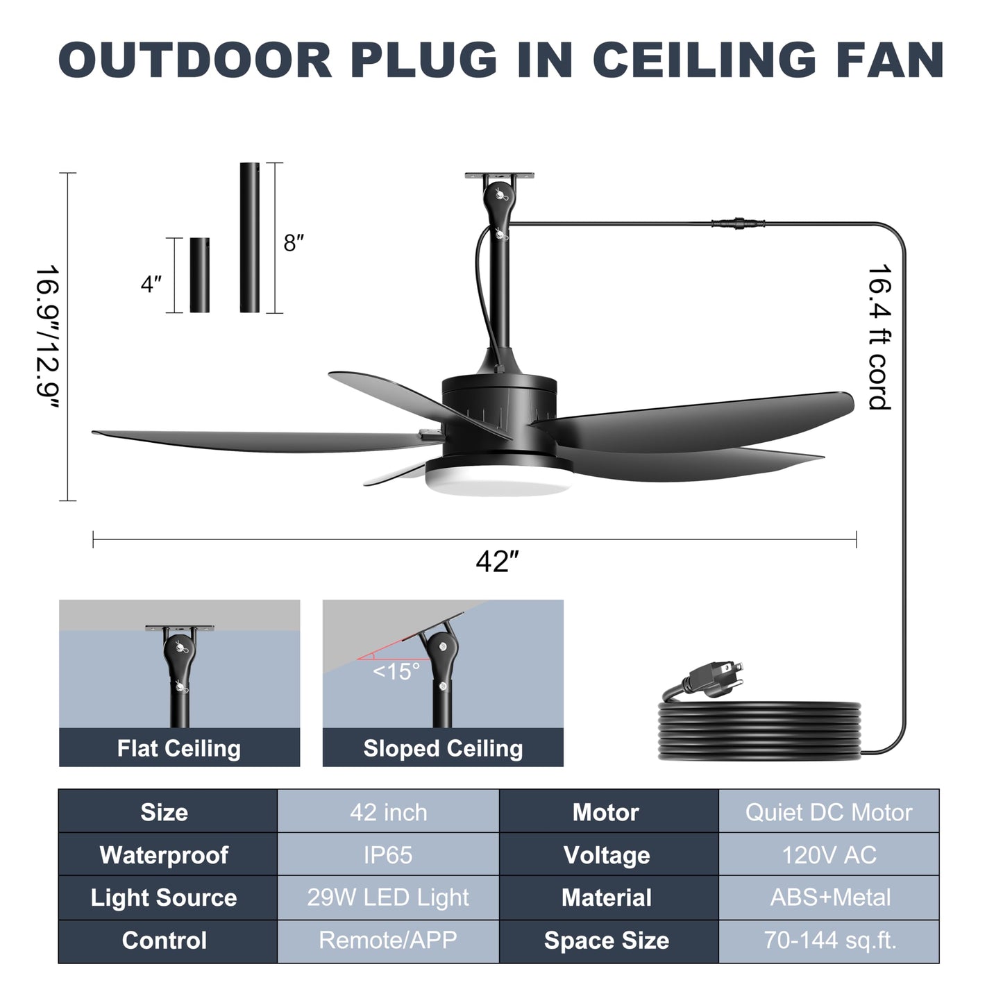 Phylluz 42 Inch Waterproof Outdoor Ceiling Fan with Light, Modern Ceiling Fans with 3 Colors LED Light, App & Remote Control, Quiet DC Motor, for Patios Gazebo, Black