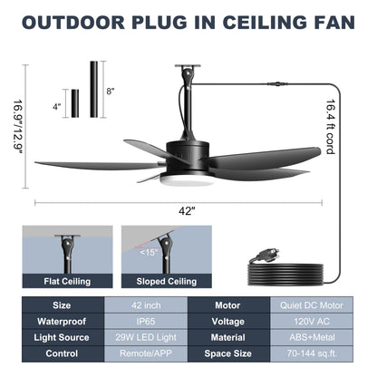 Phylluz 42 Inch Waterproof Outdoor Ceiling Fan with Light, Modern Ceiling Fans with 3 Colors LED Light, App & Remote Control, Quiet DC Motor, for Patios Gazebo, Black