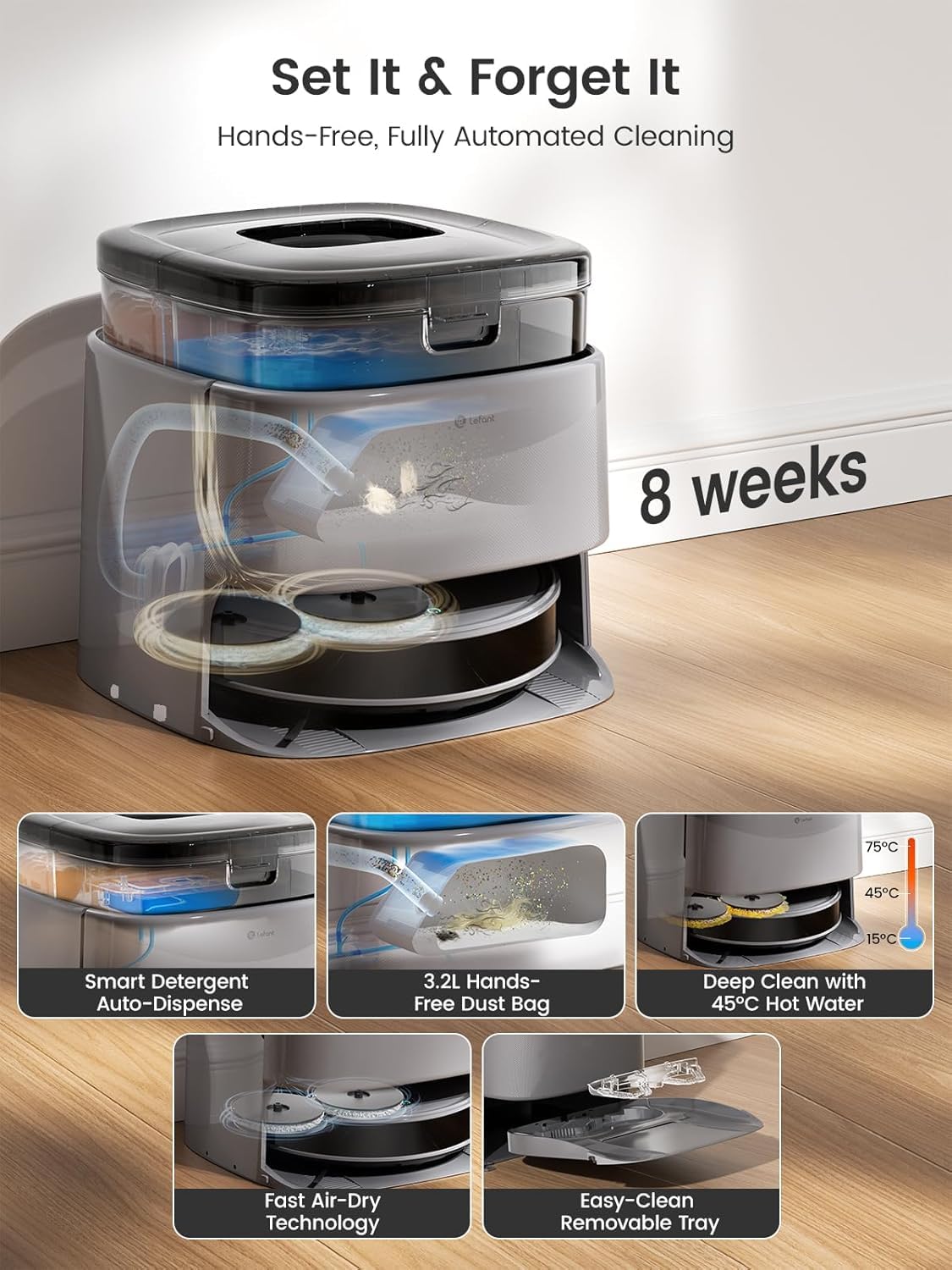 Lefant M3 Max Robot Vacuum and Mop, 20000Pa Suction, 90-Day Self-Emptying, Obstacle Avoidance, Auto Mop Washing&Drying, All-in-One for Pet Hair Carpet, 5G WiFi