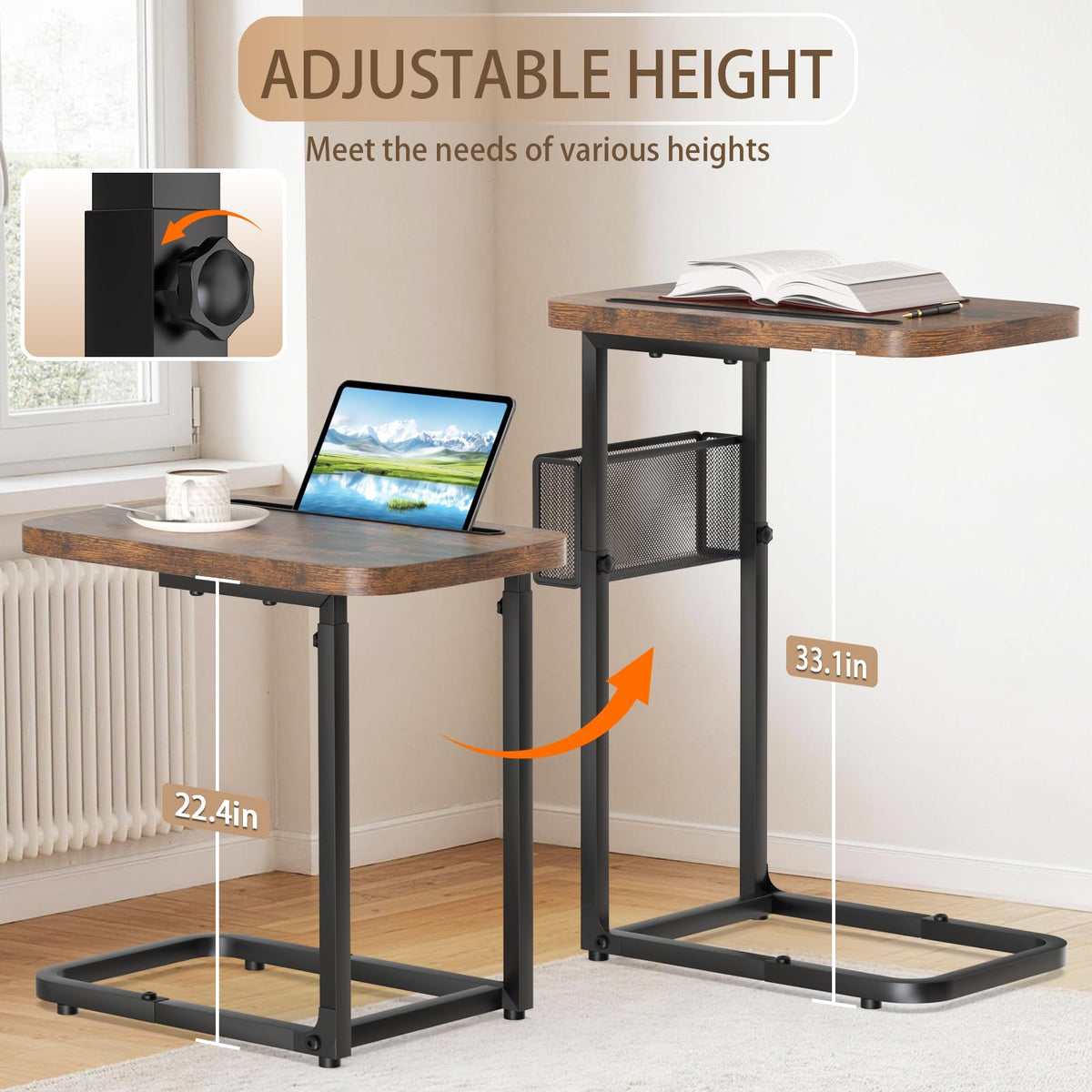 C Table End Table Adjustable Height,TV Tray Table with Storage Baskets