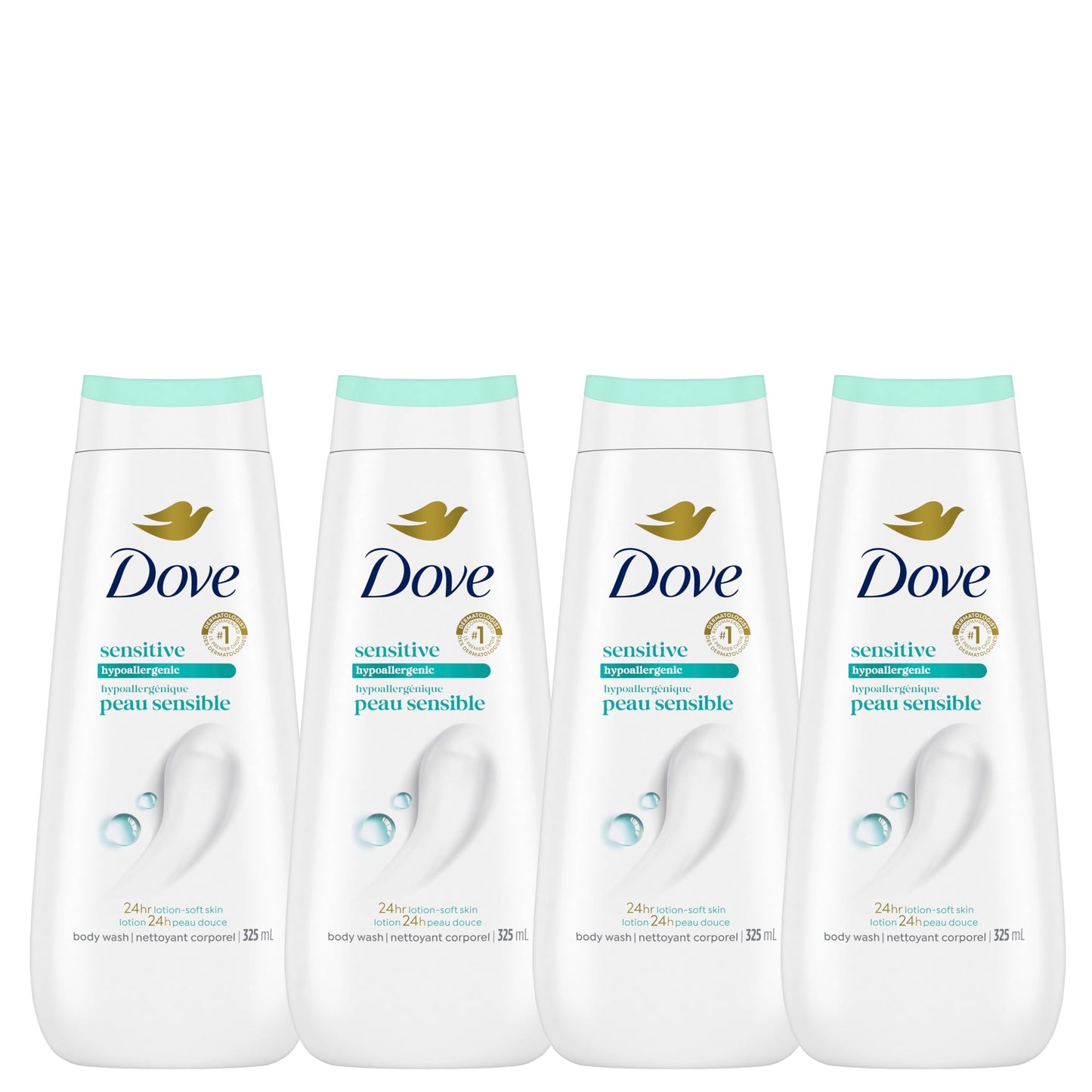 Dove Sensitive Skin Body Wash For 24hr Lotion-Soft Skin, Hypoallergenic with No Sulfates No Parabens, 325mL (Pack of 4)