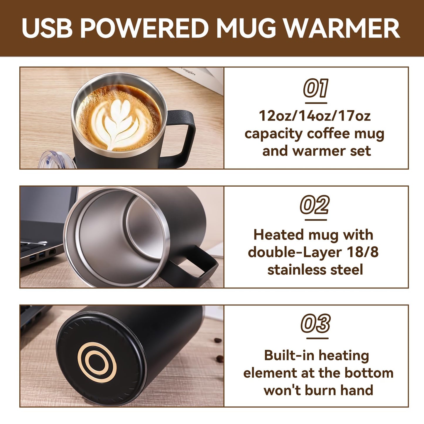 Zhenglu Coffee Warmer Mug Set for Desk, Self Heating Coffee Cup(Black-14oz)