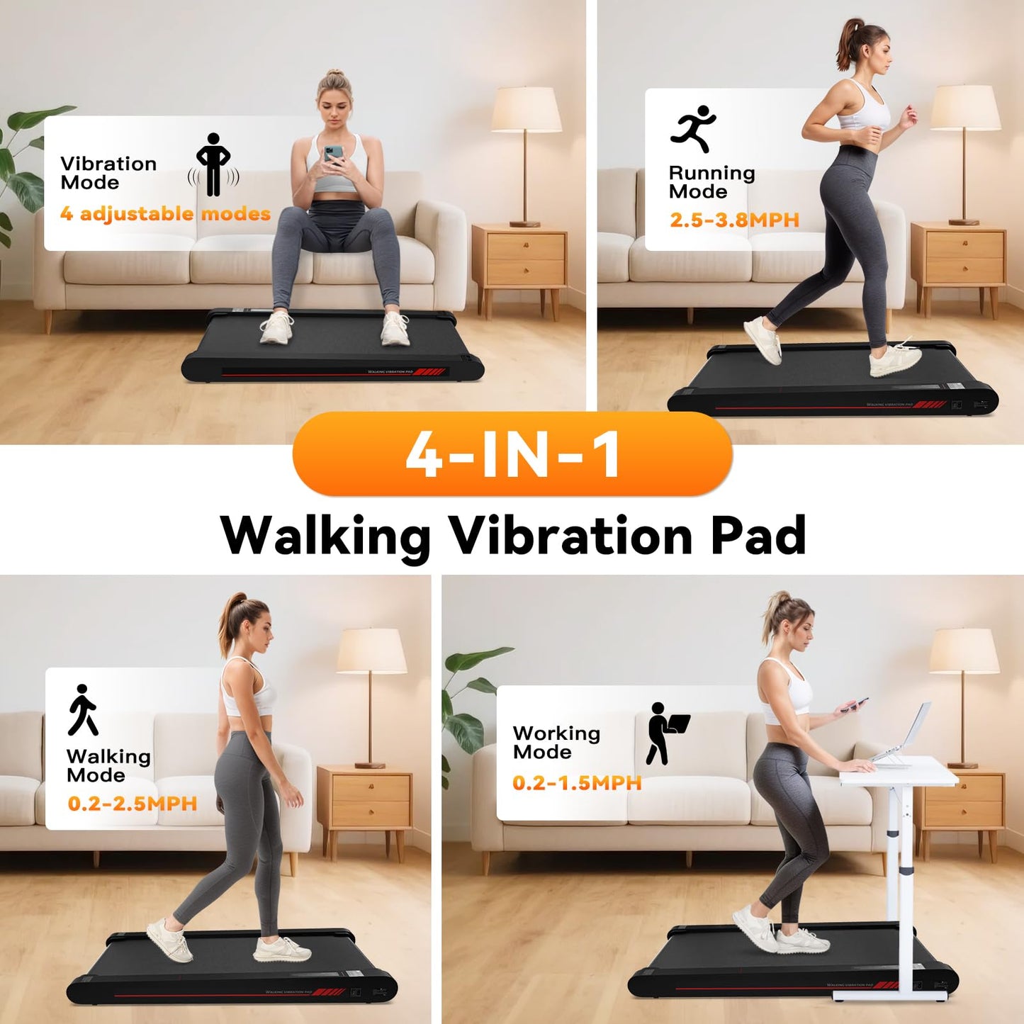 Sperax Walking Vibration Pad with APP,2.5 HP Under Desk Treadnill with Remote Control,Compact Portable Treadmill for Home and Office