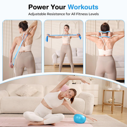 Vanlgs Pilates Kit 13Pcs Home Pilates Essentials Workout Kit with 13" Ring, 10" Ball and Resistance Bands for Women at Home Pilates Equipment Set for Beginners（Blue and White）