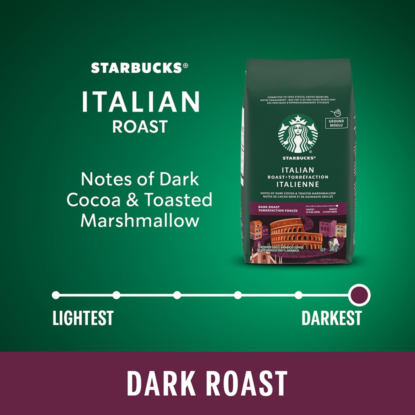 STARBUCKS Italian Roast Dark Roast Ground Coffee Bag, 340 g