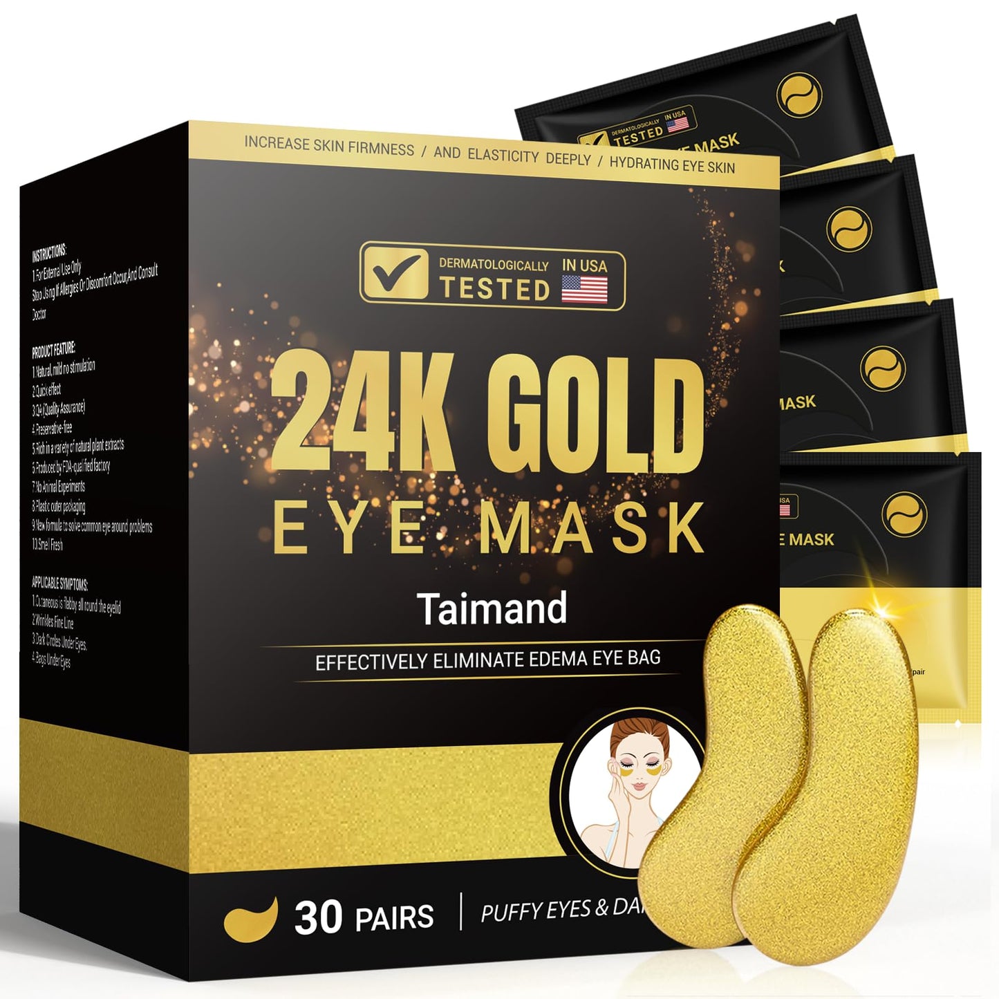 Taimand Under Eye Patches (30 Pairs), 24K Gold Eye Mask for Dark Circles