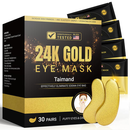 Taimand Under Eye Patches (30 Pairs), 24K Gold Eye Mask for Dark Circles