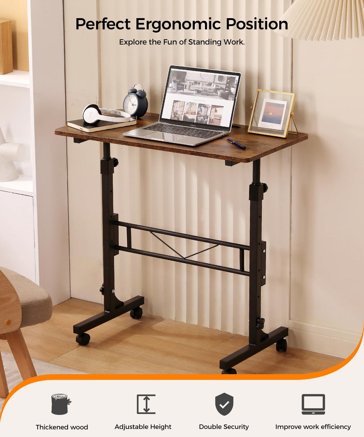 Small Standing Desk Adjustable Height 32 Inch Mobile Sit Stand up Desk Portable Rolling with Wheels Standing for Walking pad Treadmill Rustic