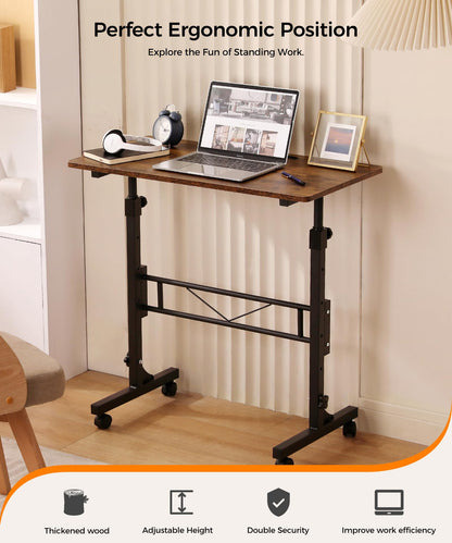 Small Standing Desk Adjustable Height 32 Inch Mobile Sit Stand up Desk Portable Rolling with Wheels Standing for Walking pad Treadmill Rustic