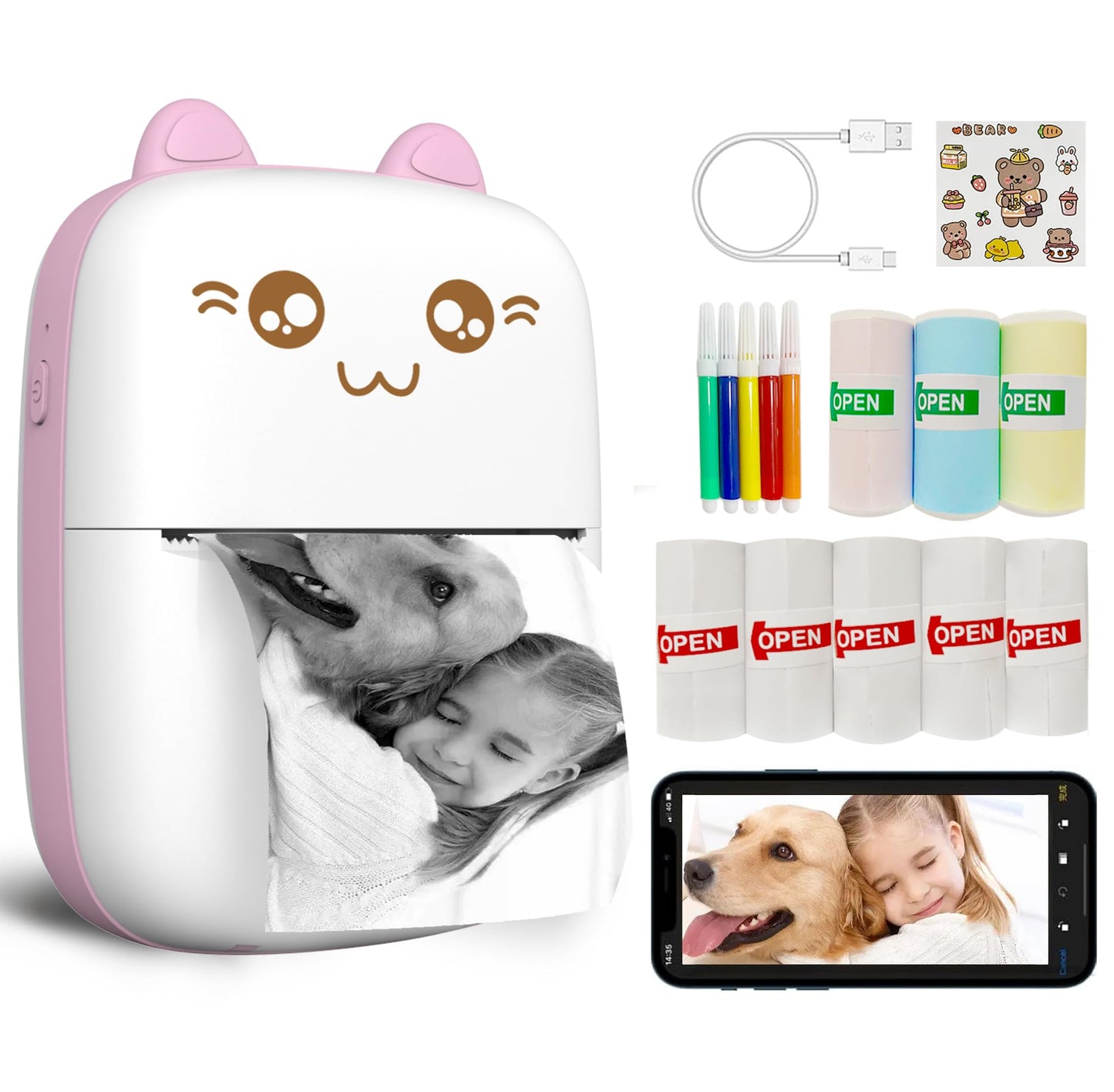 Mini Printer Portable, Inkless Sticker printer with 8 Rolls Paper, Bluetooth Wireless mini thermal printer Compatible with iOS + Android for Journal, Memo, Photo, Print Pod Gifts for Girls Kids (Pink)