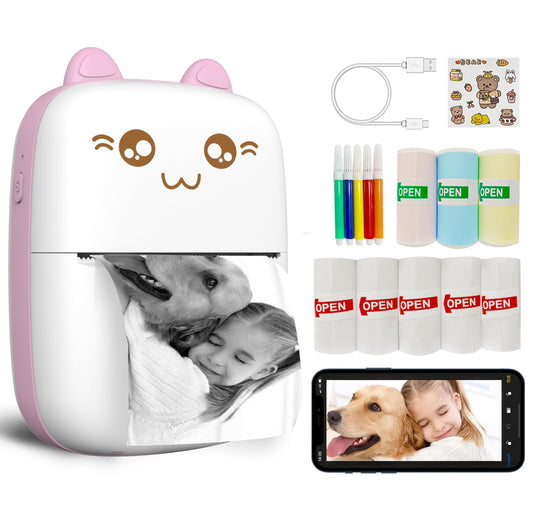 Mini Printer Portable, Inkless Sticker printer with 8 Rolls Paper, Bluetooth Wireless mini thermal printer Compatible with iOS + Android for Journal, Memo, Photo, Print Pod Gifts for Girls Kids (Pink)