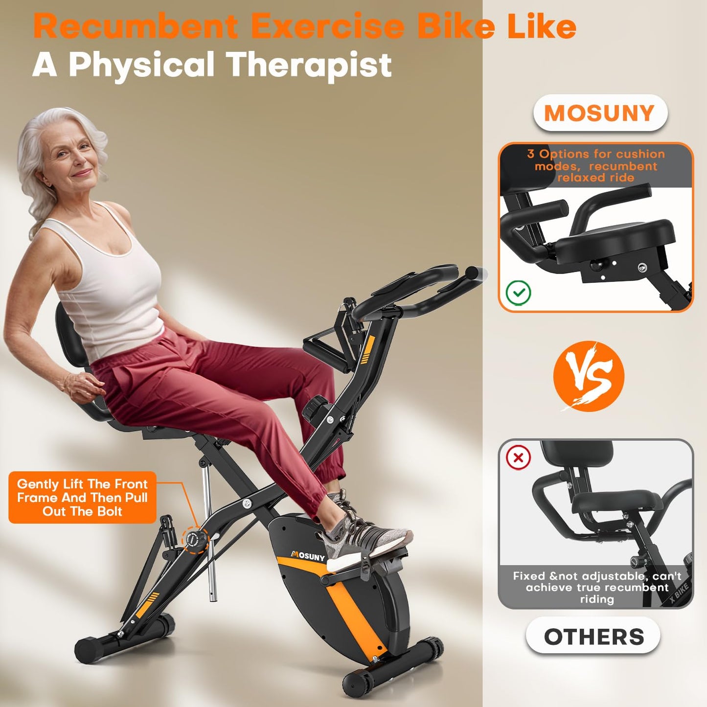 Exercise Bike, MOSUNY 5-in-1 Stationary Bike with 10DB Super-Silent, Folding Exercise Bike with 16-Level Adjustable Magnetic Resistance, 350 LBS Indoor Cycling Bike for Home Workout