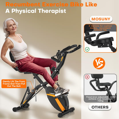 Exercise Bike, MOSUNY 5-in-1 Stationary Bike with 10DB Super-Silent, Folding Exercise Bike with 16-Level Adjustable Magnetic Resistance, 350 LBS Indoor Cycling Bike for Home Workout