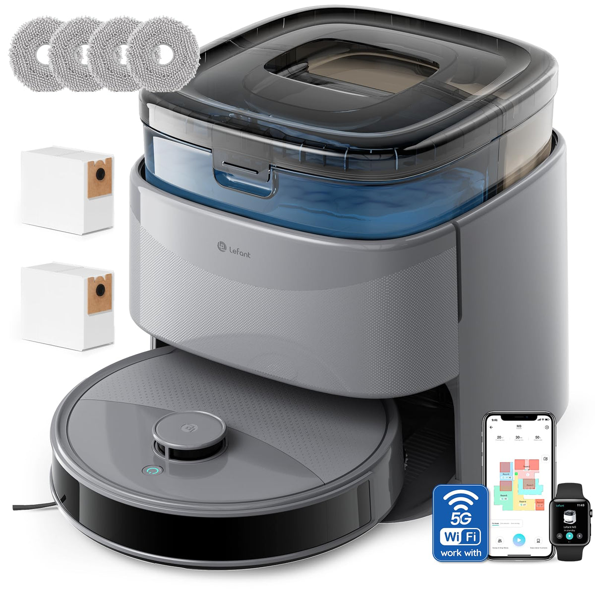 Lefant M3 Max Robot Vacuum and Mop, 20000Pa Suction, 90-Day Self-Emptying, Obstacle Avoidance, Auto Mop Washing&Drying, All-in-One for Pet Hair Carpet, 5G WiFi