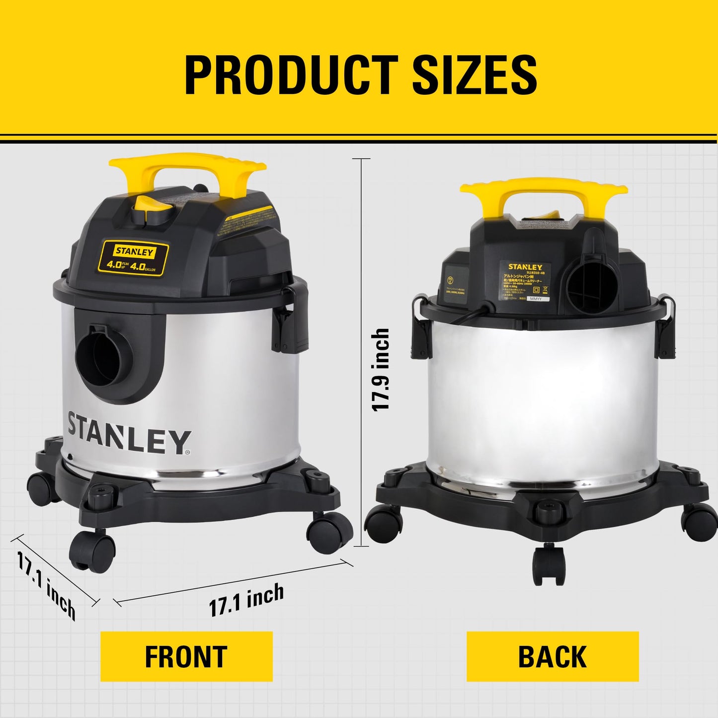Stanley 4 Gallon Wet Dry Vacuum, 4 Peak HP Stainless Steel 3 in 1 Shop Vacuum Blower with Powerful Suction, for Job Site, Garage, Basement, Model: SL18301-4B