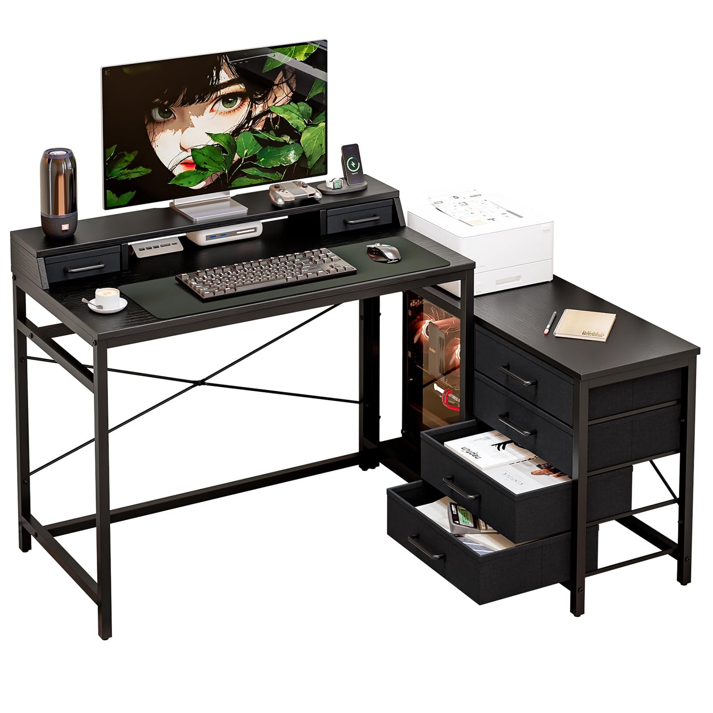 L Shaped Computer Desk with 4 Drawers Reversible Side Storage Shelves 39.3 Inch Office Corner Desk Computer Table Writing Study Table for Home Office Bedroom Small Space