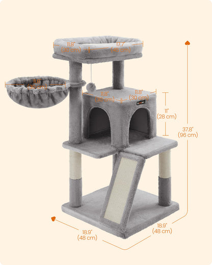 Feandrea Cat Tree, Small Cat Tower with Widened Perch for Large Cats Indoor, Kittens, 96 cm Multi-Level Cat Condo, Scratching Posts and Ramp, 2-Door Cat Cave, Cat Basket, Light Gray UPCT51W
