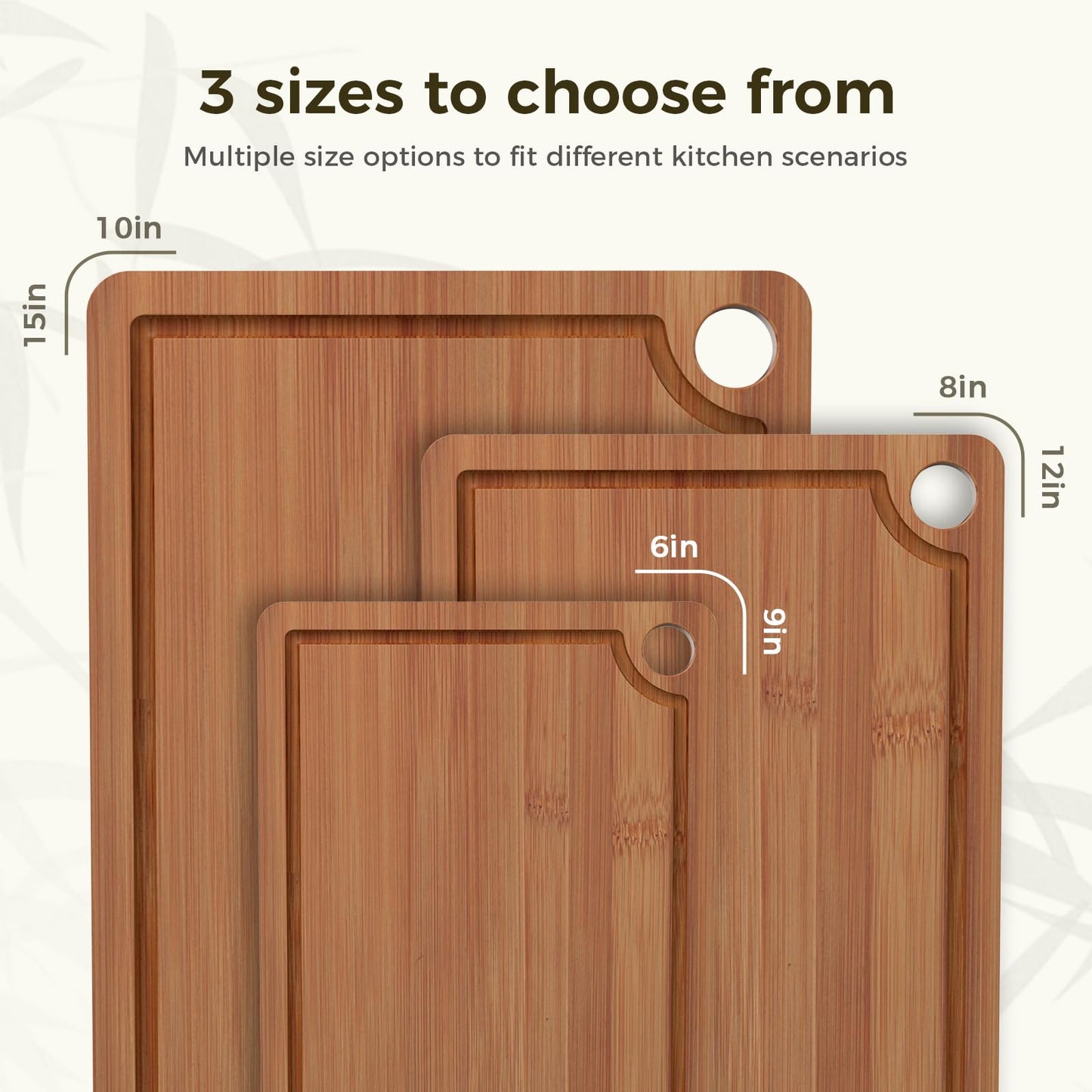 BNBUN Bamboo Cutting Board for Kitchen, Wooden Cutting Board 3-Piece Set with Non-Slip Mat Deep Juice Groove and Built-in Handles, Wood Cutting Board for Meat Vegetables Fruit Ideal Gift for the Home