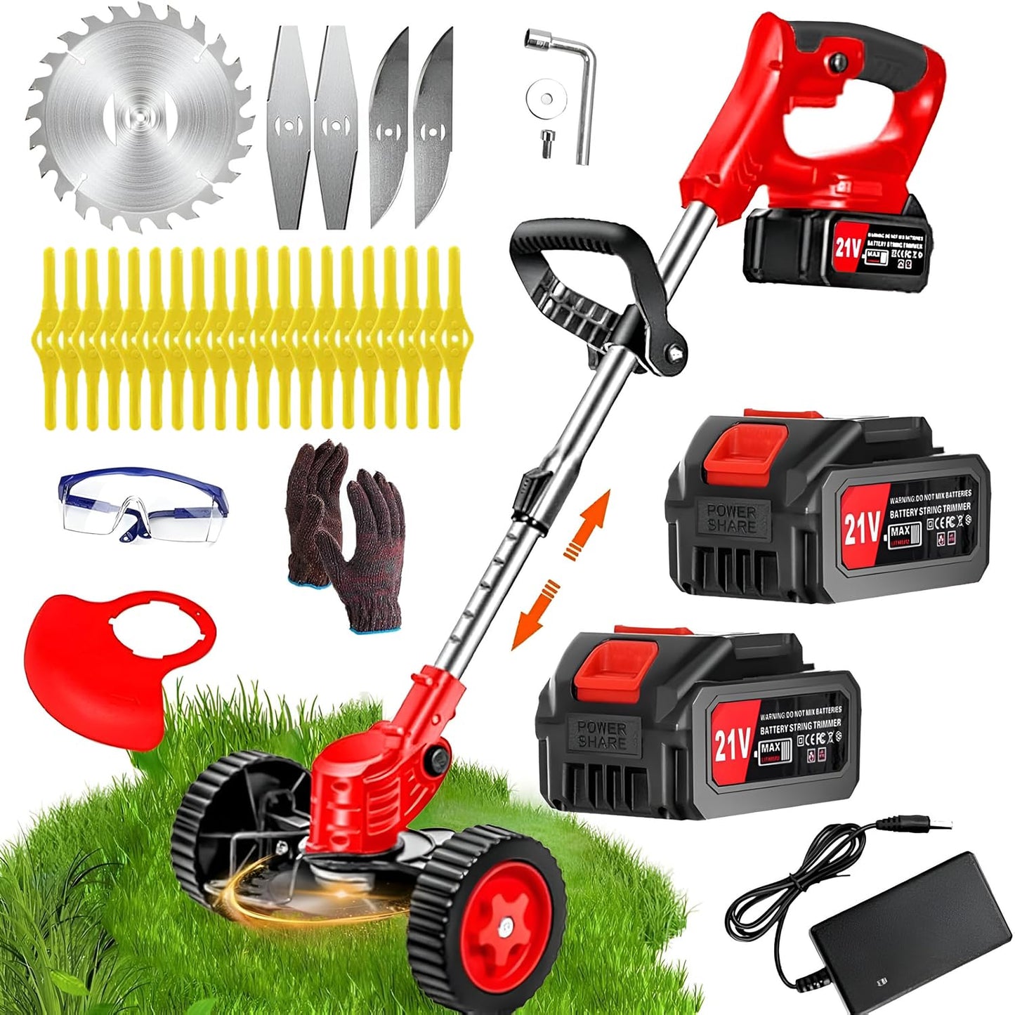 21V Cordless Weed Wacker for Women Seniors Lightweight Grass Trimmer – Includes 2 Batteries and Wheels 3-in-1 Weed Trimmer Edger Brush Cutter for Thick Grass, Small Yards, Gardens, and Fences