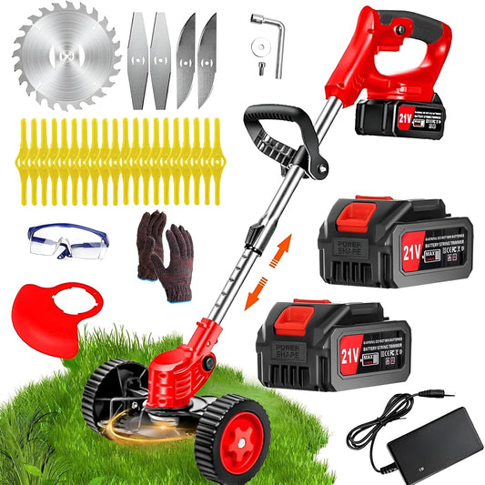 21V Cordless Weed Wacker for Women Seniors Lightweight Grass Trimmer – Includes 2 Batteries and Wheels 3-in-1 Weed Trimmer Edger Brush Cutter for Thick Grass, Small Yards, Gardens, and Fences