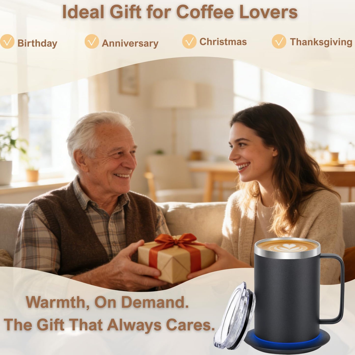 Zhenglu Coffee Warmer Mug Set for Desk, Self Heating Coffee Cup(Black-14oz)