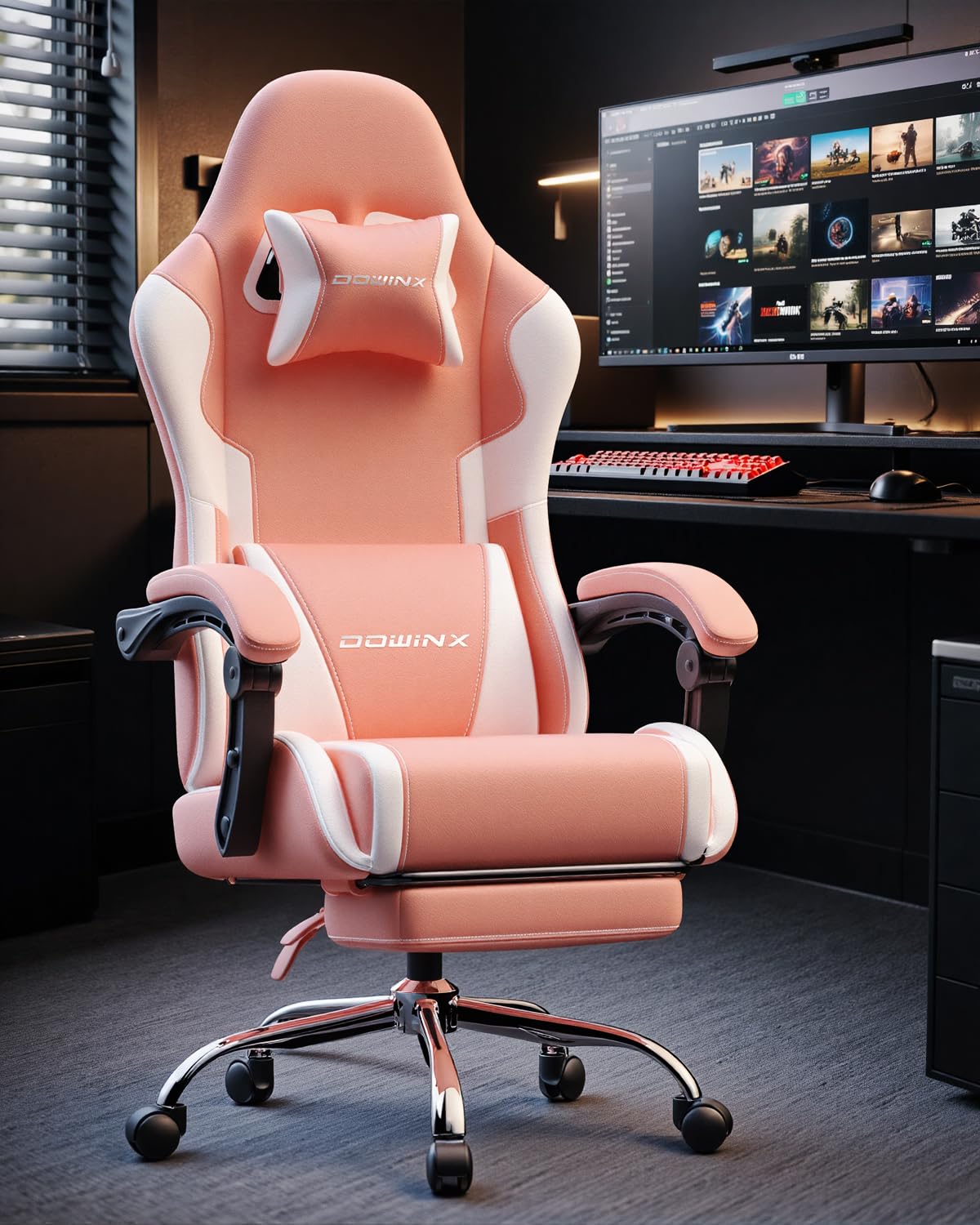 Ergonomic Gaming Chair with Footrest, Heavy Duty 330lbs Office Chair, Massage Lumbar Support, Adjustable Height & Headrest Pillow, Comfortable for Back Pain Relief, Streaming, Long Gaming, Pink