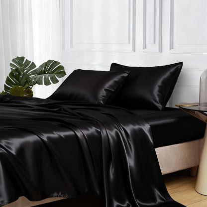 MR&HM Satin Bed Sheets, Queen Size Sheets Set, 4 Pcs Silky Bedding Set with 15 Inches Deep Pocket for Mattress (Queen, Black)