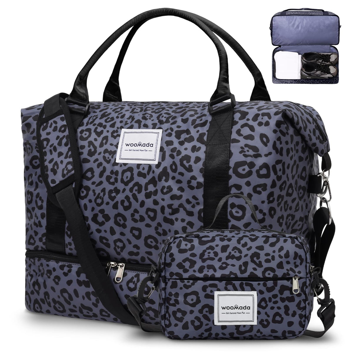 WOOMADA Weekender Overnight Bag for Women, Shoulder Travel Duffel with Shoes Compartment,Gym Bag with Toiletry Bag(Black Leopard)