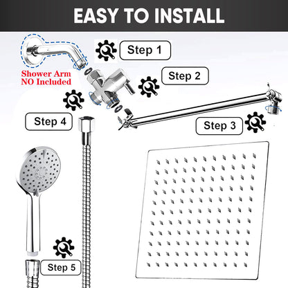 GIFTQOOL 10 Inch Chrome Dual Rain Handheld Shower Head Combo Set 5 Modes High Pressure Rainfall Shower Head with Adjustable Extension Arm, Hose
