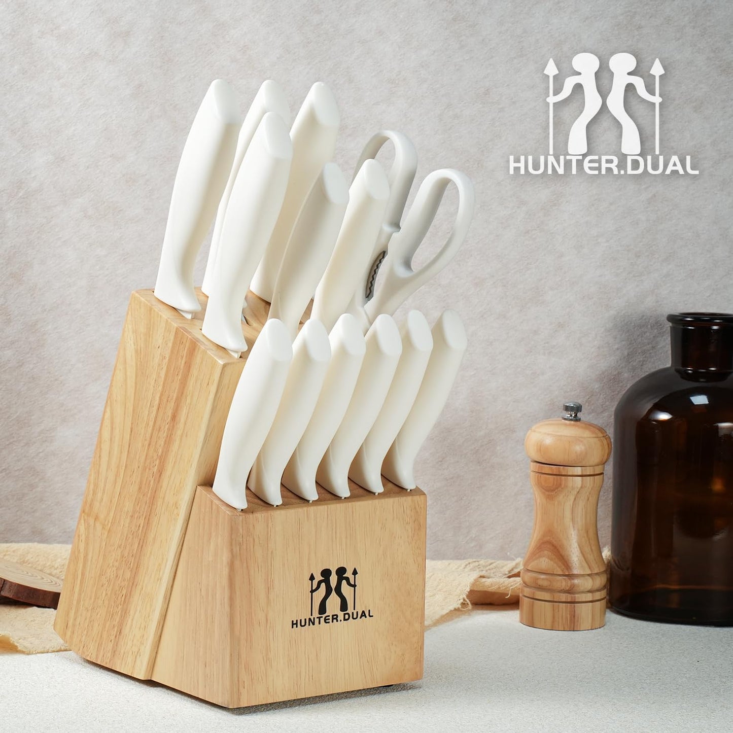 HUNTER.DUAL Knife Set, Dishwasher Safe Kitchen Knife Set with Block, 15 Pcs Cream Kitchen Knife Sets with Block Self Sharpening, 6 Steak Knives (Cream)