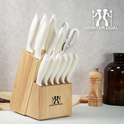 HUNTER.DUAL Knife Set, Dishwasher Safe Kitchen Knife Set with Block, 15 Pcs Cream Kitchen Knife Sets with Block Self Sharpening, 6 Steak Knives (Cream)