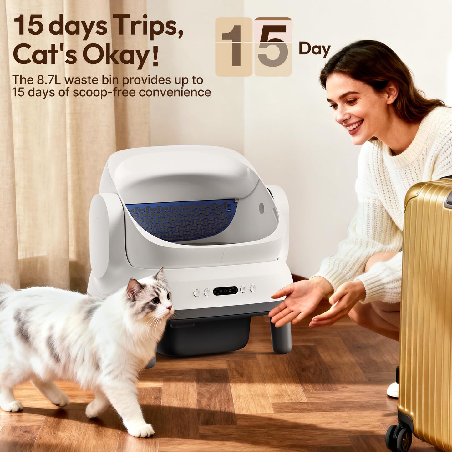 Happypaw Open-Top Self Cleaning Litter Box - Large Capacity Automatic Litter Box for Multiple Cats with Safety Protection, App Control, Odor-Free, Anti-Leakage Material, Includes Trash Bags