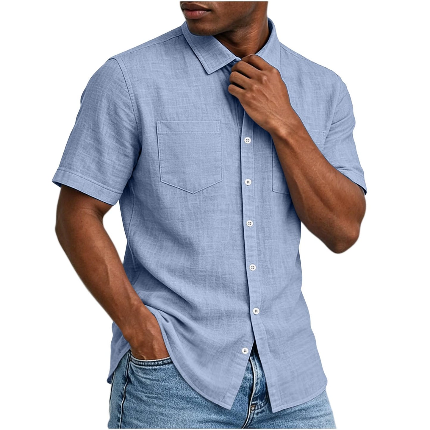Button up Shirts Men, Mens Cotton Linen Shirts Short Sleeve Button Down Shirt Collared Dressy Casual Work Tops Beach Summer Shirts with Pockets Light Blue
