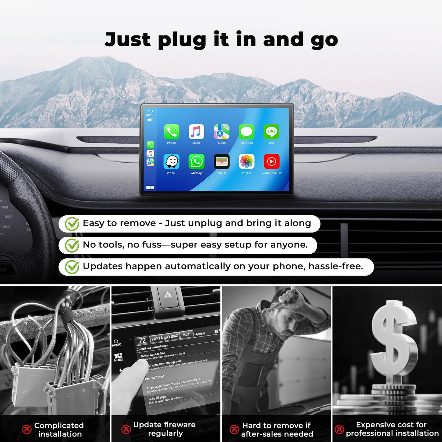 Volam 9'' Apple Carplay Screen for Car, Compatible with Apple Carplay & Android Auto, Portable Carplay Screen with Backup Camera, Mirror Link,Bluetooth, GPS Navigation,Voice Assistant