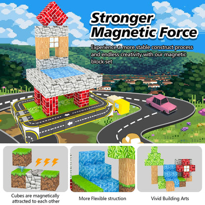 Magnetic Blocks, Magnetic Building Blocks for Kids Age 3+, Mine World Build Set, STEM Toys Road Construction Toy Magnetic Cubes with Car for Kids, Christmas Birthday Gift for Boys Girls