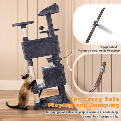 Yaheetech 54in Cat Tree, Multi-Level Cat Tower with Spacious Kitten-ear Perch, 2 Cozy Caves, Scratching Posts, Climbing Ladder, 2 Plush Balls, Durable Pet House Furniture for Indoor Kittens, Dark Gray