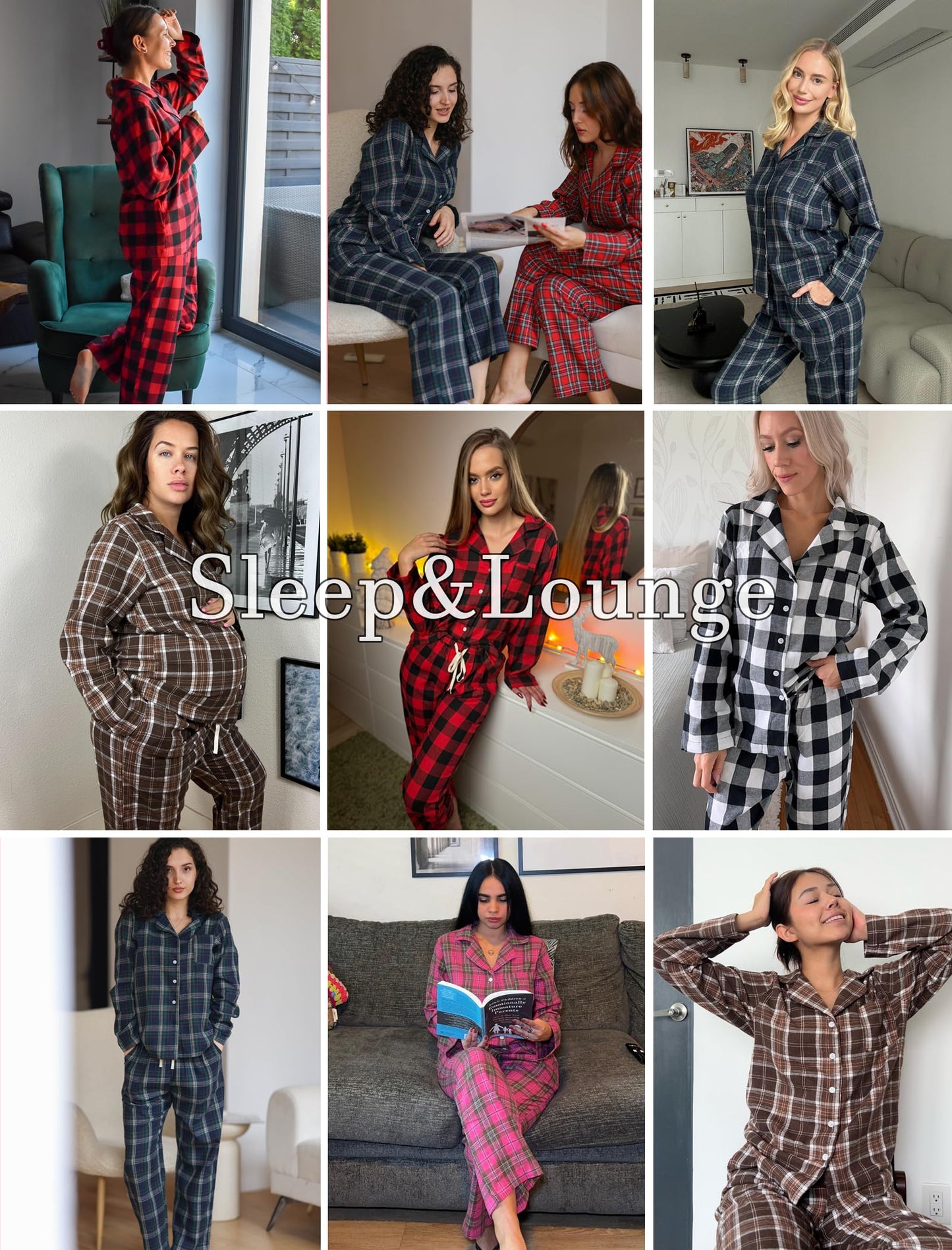 Ekouaer Womens Pajama Sets 2 Piece Cotton Plaid Pjs Long Sleeve Sleepwear Button Down Lounge Set with Pockets