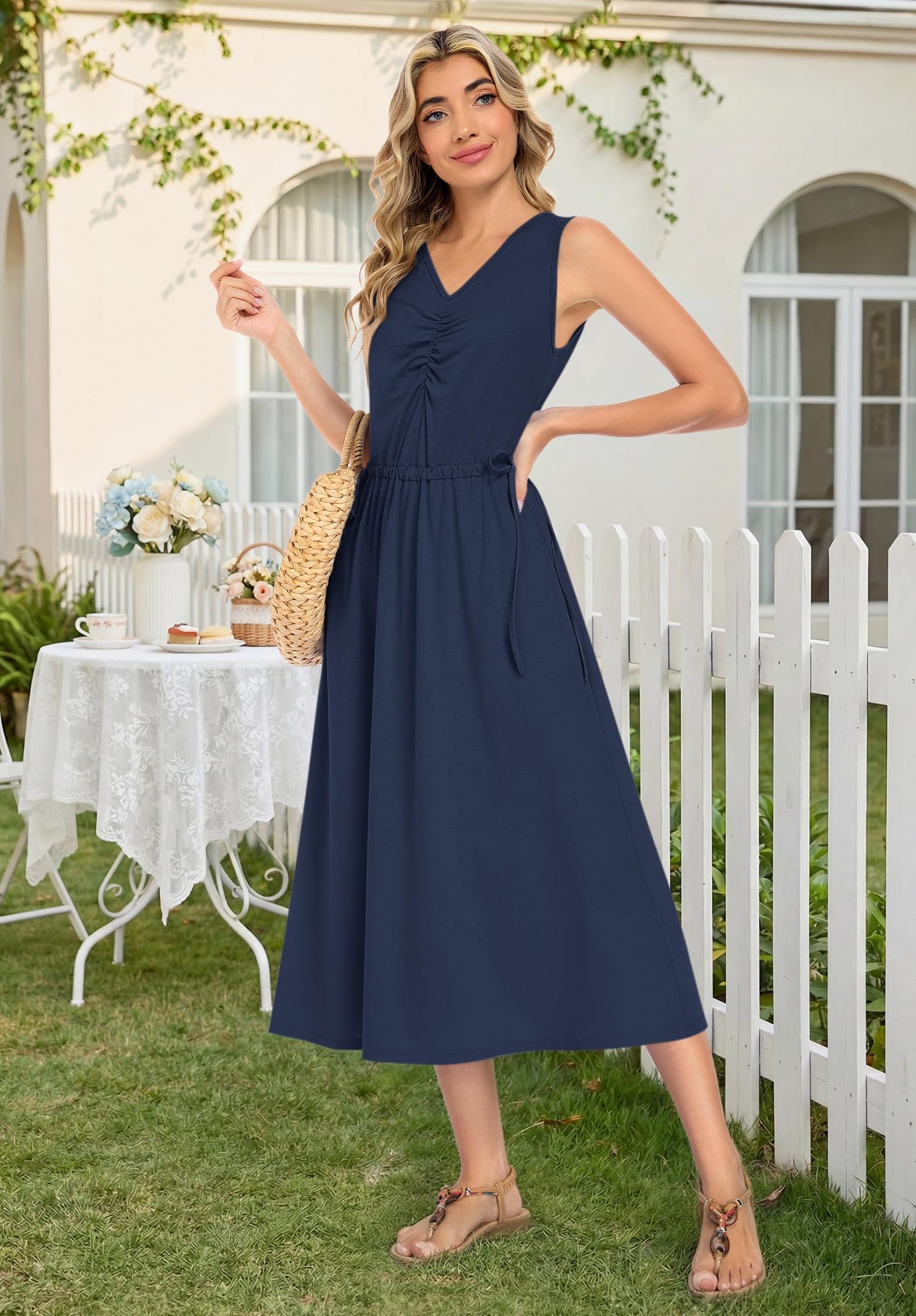 MISFAY Women's Maxi Dress Drawstring Long Dress Summer Cruise Wear Beach Sundresses with Pockets, Navy Blue, XL