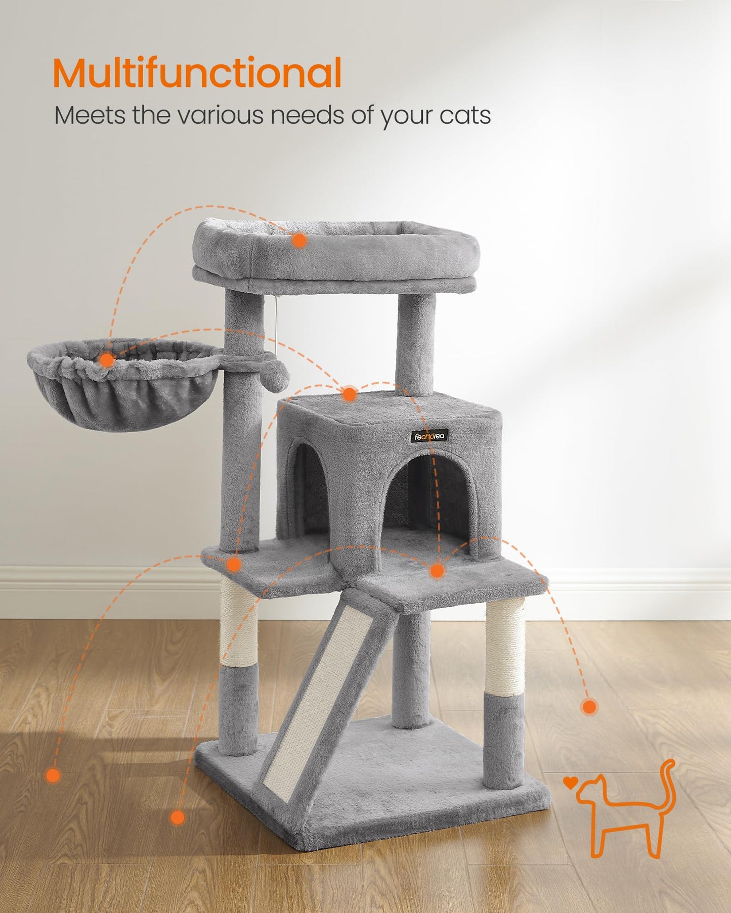 Feandrea Cat Tree, Small Cat Tower with Widened Perch for Large Cats Indoor, Kittens, 96 cm Multi-Level Cat Condo, Scratching Posts and Ramp, 2-Door Cat Cave, Cat Basket, Light Gray UPCT51W