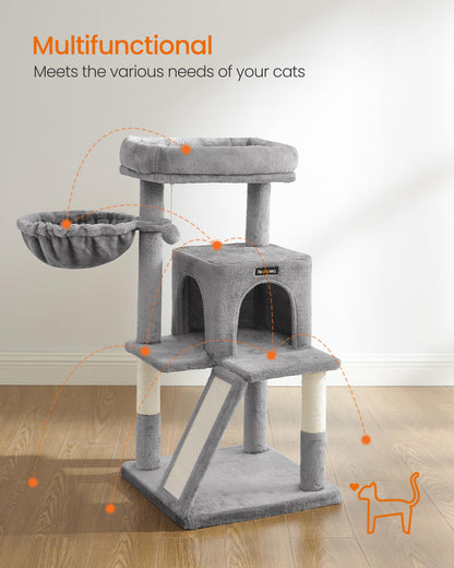 Feandrea Cat Tree, Small Cat Tower with Widened Perch for Large Cats Indoor, Kittens, 96 cm Multi-Level Cat Condo, Scratching Posts and Ramp, 2-Door Cat Cave, Cat Basket, Light Gray UPCT51W