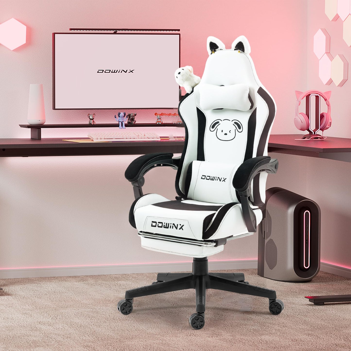 Dowinx Cat Ear Gaming Chair for Adults, Ergonomic Computer Chair with Massage Lumbar Support, Reclining Gamer Chair with Footrest and Headrest, 290 lbs