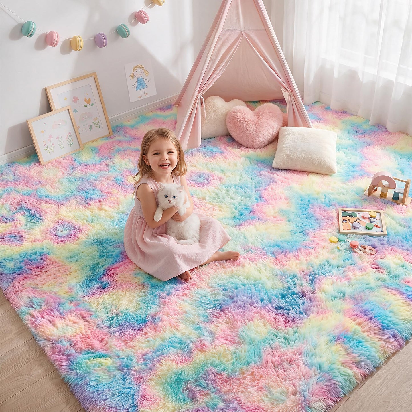 Huiuhjirug Rainbow Fluffy Rug,5x7 Washable Carpet for Living Room Girls Kid