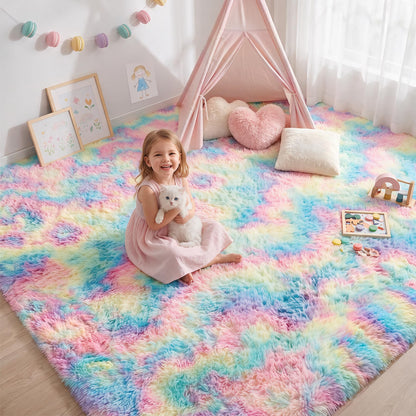 Huiuhjirug Rainbow Fluffy Rug,5x7 Washable Carpet for Living Room Girls Kid