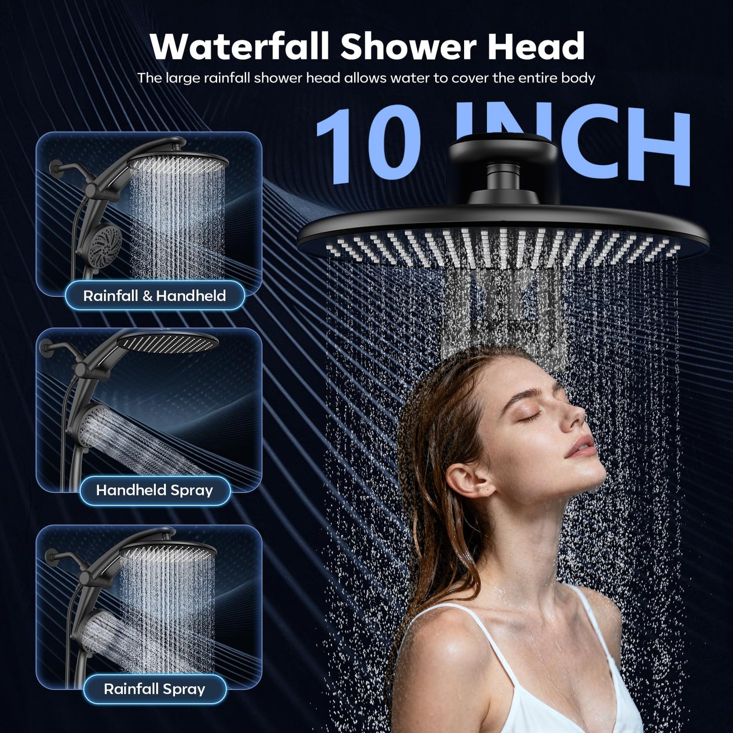 Rain Shower Head with Handheld,Dual Shower Head with Hose,Detachable 10" High Pressure Shower Head Combo with 9 Settings Shower Spray Built-in Magnetic Docking & Power Wash Mode (Black)