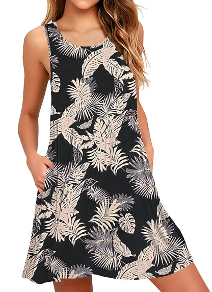 AUSELILY Summer Dress for Women Casual Sleeveless Sundress Beach Cover Up Tank Dresses with Pockets(Rainforest Leaf-S)