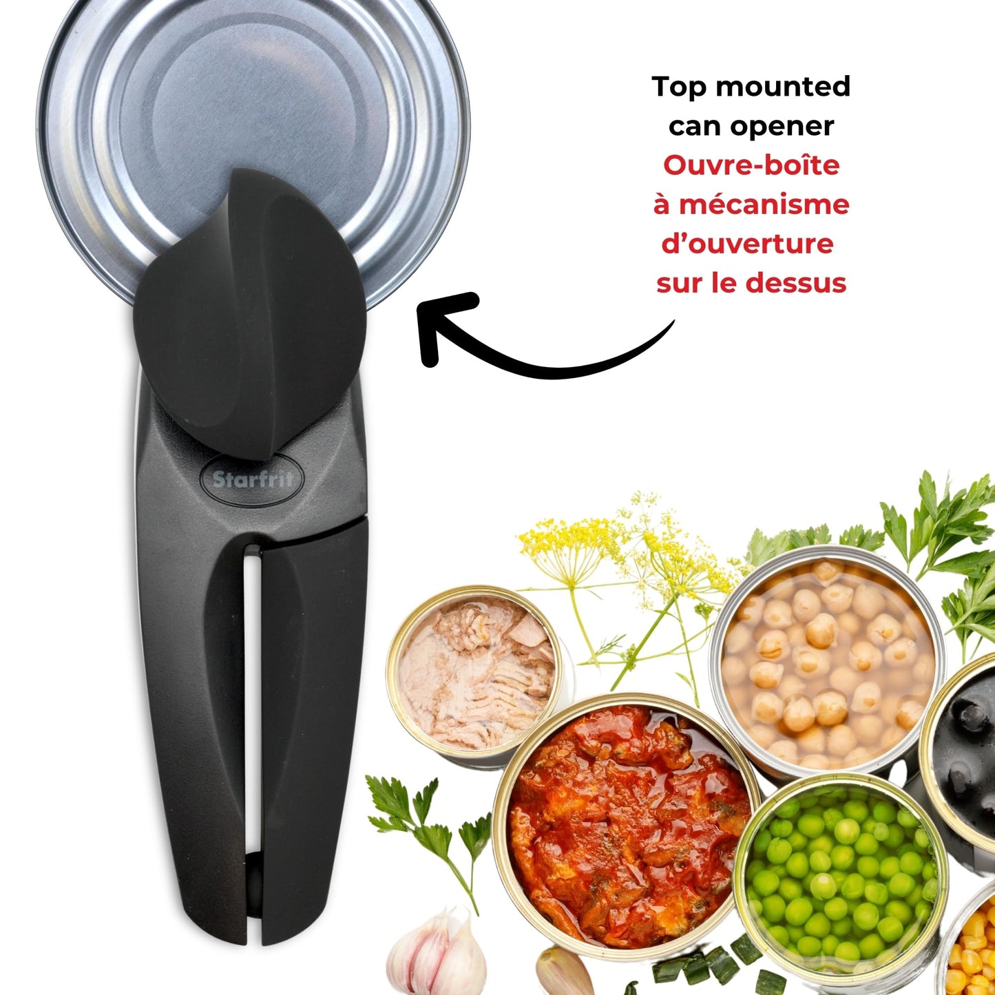 Starfrit MightiCan Can Opener, Safe Smooth-Cut Design, Holds Lid and Leaves No Sharp Edges, Comfort Grip Handle, Heavy-Duty Non-Slip Knob, 3-Year Warranty, Black