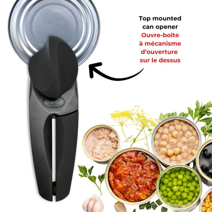 Starfrit MightiCan Can Opener, Safe Smooth-Cut Design, Holds Lid and Leaves No Sharp Edges, Comfort Grip Handle, Heavy-Duty Non-Slip Knob, 3-Year Warranty, Black