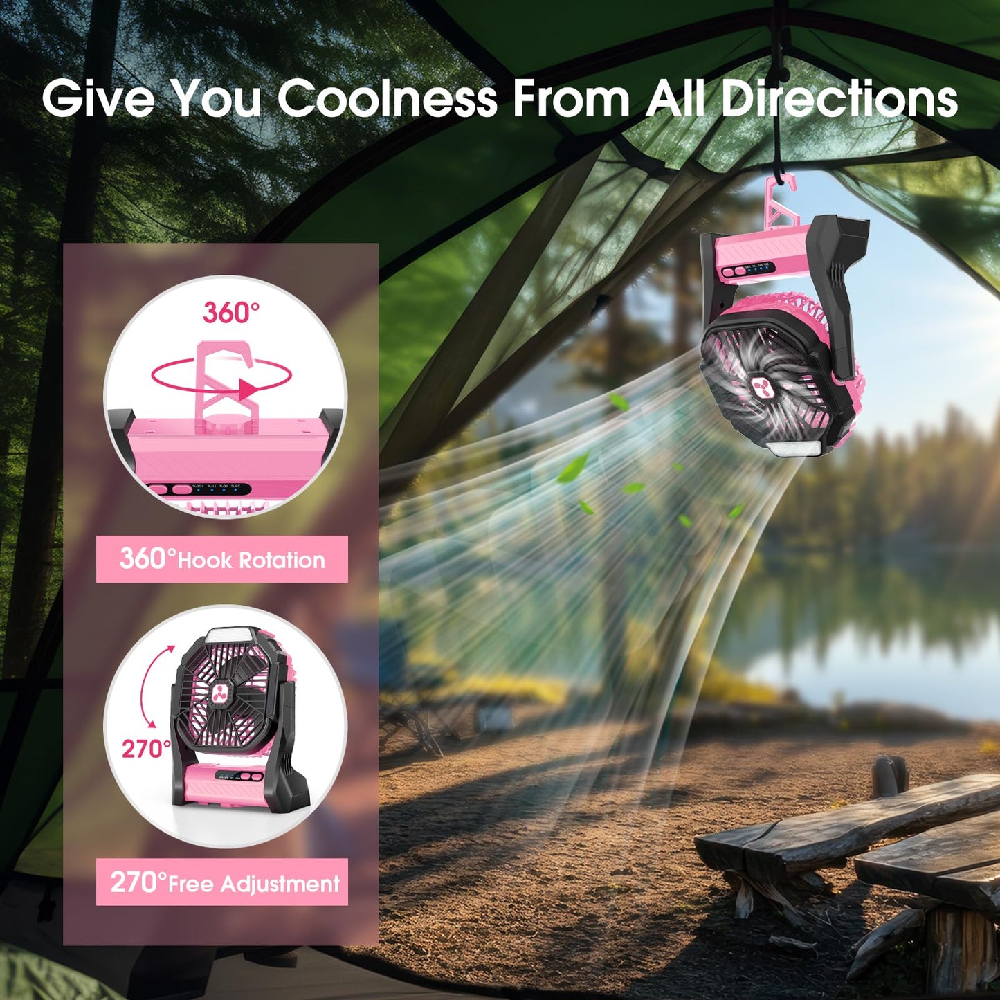 Camping Fan with LED Light, 20000mAh Rechargeable Battery Powered Fan